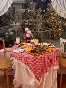 1 buah Taplak Meja Suasana Natal Vintage Romantis untuk Meja Kopi dan Meja Makan, Cocok untuk Dekorasi Liburan dan Sehari-hari - Merah - View 6