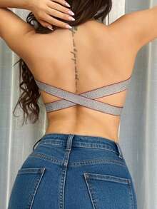 1pc Shiny Woven Tape Criss-Cross Lace Strapless Bandeau Top For Women - Red - View 5