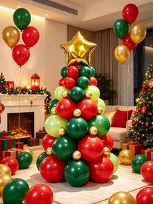 18 Inch Star-Shaped Gold Foil Balloon, 12/10/5 Inch Deep Green/Red/Metallic Gold/Lime Green Balloon Christmas Tree Set, Suitable For Christmas, Birthday, Christmas Tree Theme, New Year's Eve, Bachelor Party Decoration - View 1