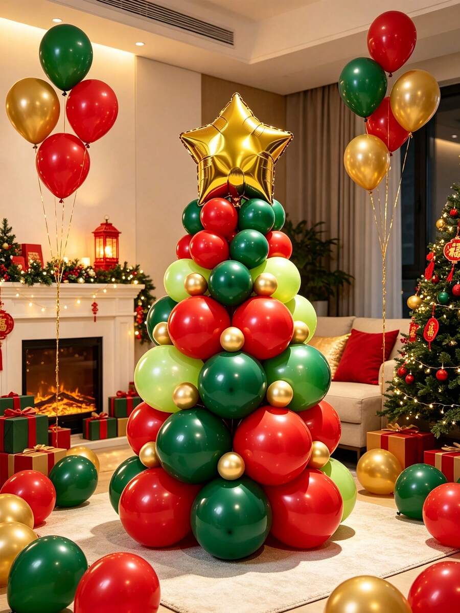 18 Inch Star-Shaped Gold Foil Balloon, 12/10/5 Inch Deep Green/Red/Metallic Gold/Lime Green Balloon Christmas Tree Set, Suitable For Christmas, Birthday, Christmas Tree Theme, New Year's Eve, Bachelor Party Decoration - View 1