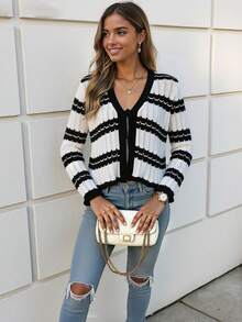 HOMEYEE Black & White Contrast Striped V-Neck Tie-Front Hollow Knit Cardigan Women's Ruffle Hem Flare Sleeve Short Slim Fit Sun Protection Jacket - Black - View 5