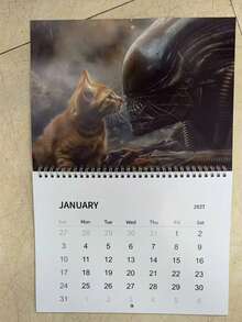 1pc 2027 Alien Theme Calendar With Cat - Official Alien Design - Desktop Or Wall Hanging Calendar, Suitable For Sci-Fi Fans, Home/Office Decor - Perfect Gift For Alien Movie Lovers, Home Decor, Unique Artwork, Spiral Bound, Themed Storage - Multiple Styles - View 3