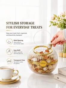 1pc Transparent Round Coffee Capsule Storage Box With Lid, PET Plastic Candy Storage Box, Countertop Tea Bag Snack Storage Jar, Gold/Silver Trim - Multicolor - View 1