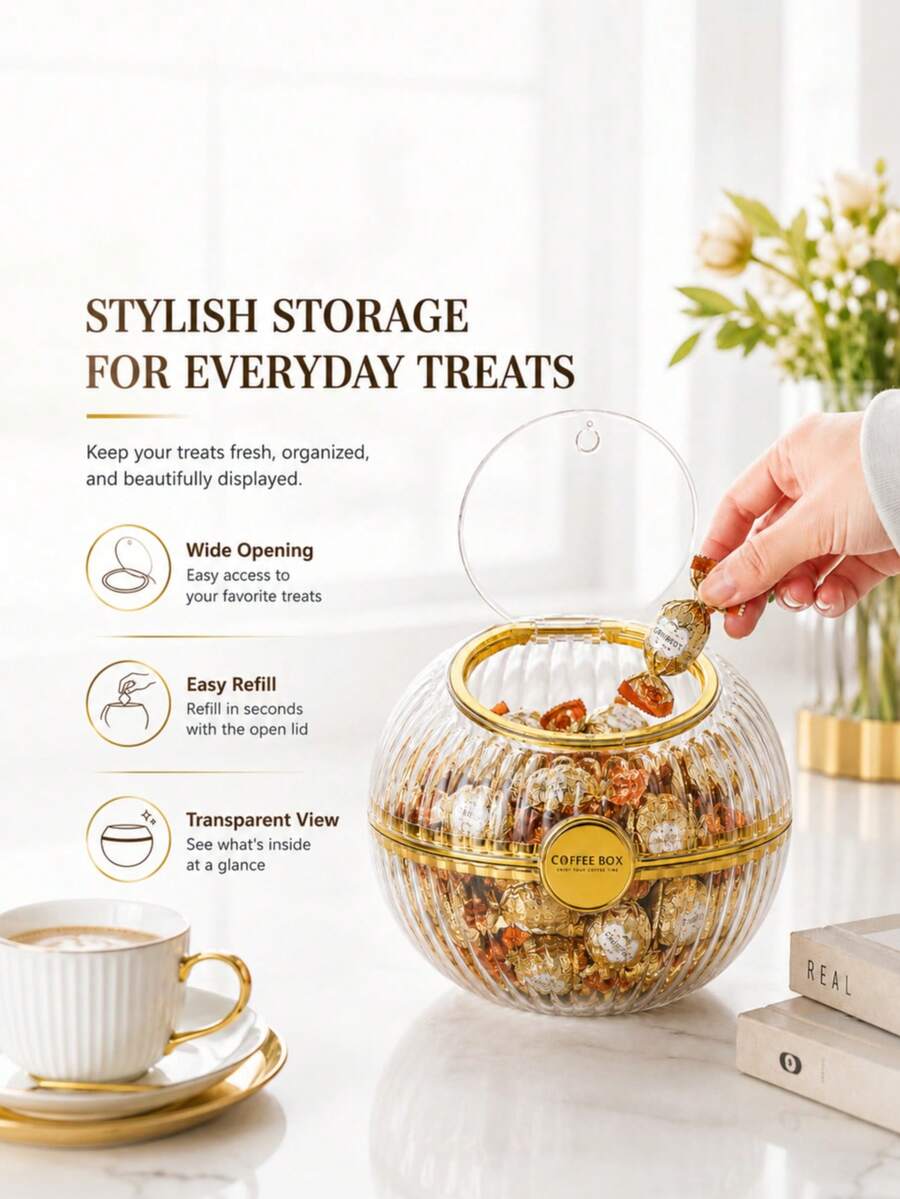1pc Transparent Round Coffee Capsule Storage Box With Lid, PET Plastic Candy Storage Box, Countertop Tea Bag Snack Storage Jar, Gold/Silver Trim - Multicolor - View 1
