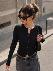 Women Fall Black Ribbed Knit Cardigan,Crew Neck Button Front Long Sleeve Sweater, Slim Fit Cropped Cardigan Top, Casual Vacation Back To School Outfit - Black - View 3