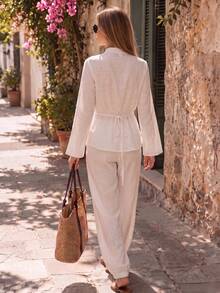 Women's White New Chinese Style 2 Pieces Set, Frog Button Stand Collar Long Sleeve Top With Elastic Cuff Loose Jogger Pants - White - View 6