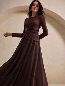 Aliao Autumn/Winter Rhinestone Button Asymmetric Draped Hem V-Neck Long Sleeve Midi Dress Wedding Guest Outfit - Brown - View 1