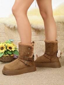 Women Solid‑Color Faux‑Suede Mid‑Calf Platform Boots, Plush‑Trim Cuff, Dual Buckle‑Straps With Metal‑Stud & Heel Furry Bow Decor - Khaki - View 5