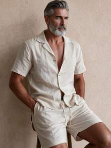 Men's Linen-Feel Short Sleeve Shirt And Shorts Set, 2-Piece Co-Ord Set With Shirt Collar For Summer Wear - Beige - View 2
