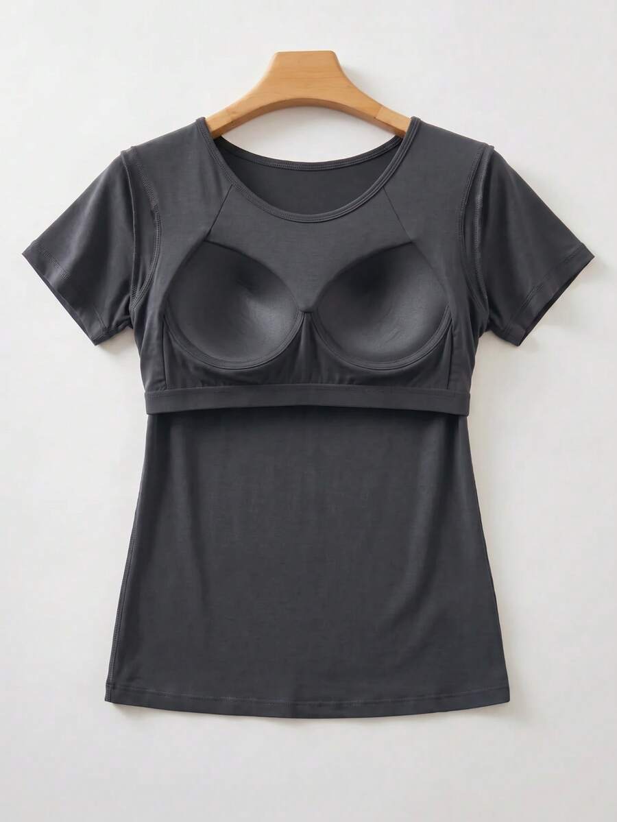 1PC Women's Scented T-Shirt With Built-In Bra, Wireless Short Sleeve Tee With Fixed Padding, Slim Fit Solid Top - Grey - View 1