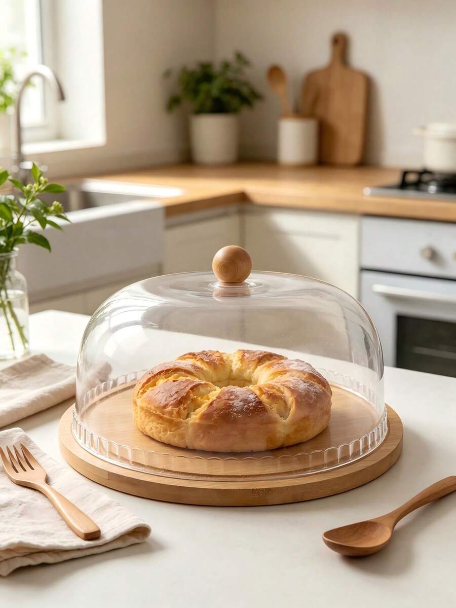 بطانية كيك شفاف مع قاعدة من خشب البامبو ومقبض خشبي، دائري ومستطيل اختياري، بطانية مقاوم للغبار والحفاظ على الطزاجة للحلويات والخبز والفواكه وطاولة الطعام وعرض الحفلات - مواصفات متعددة - مشاهدة 1