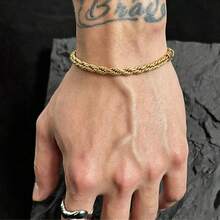 1pc Stainless Steel Men's 3mm Twisted Rope Bracelet, 18K Gold Plated Non-Fading Twisted Chain, Unisex Jewelry - Gold - View 1
