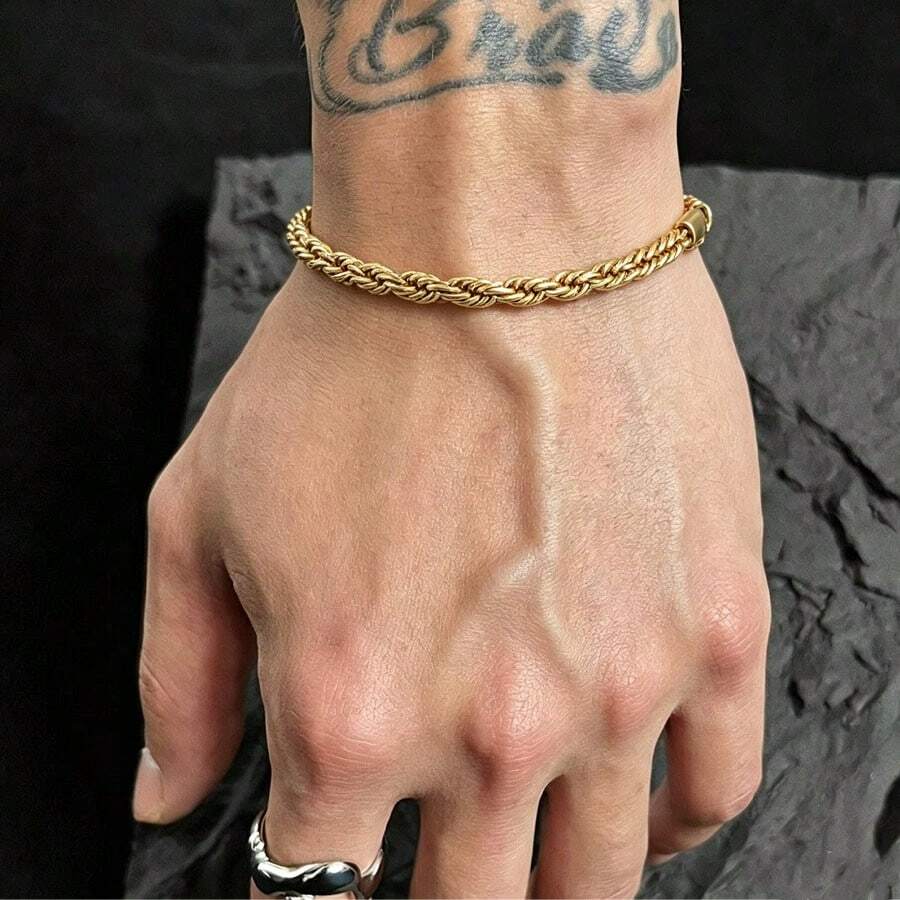 1pc Stainless Steel Men's 3mm Twisted Rope Bracelet, 18K Gold Plated Non-Fading Twisted Chain, Unisex Jewelry - Gold - View 1