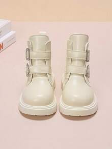 1 Pair White Girl's Rhinestone Buckle Boots, Matte PU + Double Rhinestone Buckle Hook & Loop Design, Fashionable Glamorous Princess Ankle Boots, Suitable For Daily Wear, School, Festivals, Parties, Outdoor, Autumn/Winter New Style - White - View 7