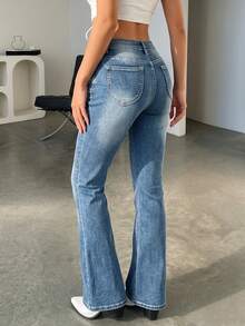 Autumn Retro Floral Embroidered Flare Jeans, Women's Mid-Waist Washed Distressed Slim Fit Flattering Bell Bottom Denim Pants - Light Wash - View 2