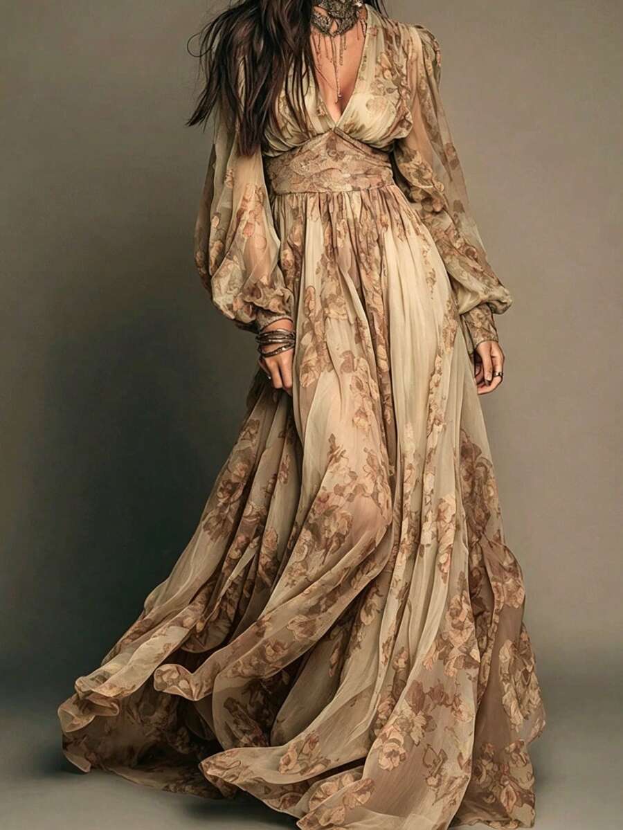Women Long Dresses - Apricot - View 1