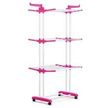 Shoze Foldable 3‑Tier Stainless Steel Laundry Drying Stand, Mobile Clothes Rack With Side Wings And Built‑In Wheels - Pink - View 8