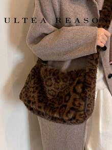 1pc Leopard Print Plush Shoulder Bag, Women's Vintage Casual Crossbody Bag, Autumn/Winter New Style, Top Handle, Suitable For Daily Use - Coffee - View 6