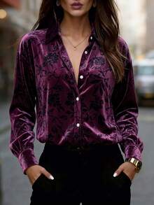 Women's Purple Velour Floral Jacquard Button Front Collared Long Sleeve Shirt For Business, Office, Commute, Vacation, Holiday, Spring Fall Winter - Dark Purple - View 7