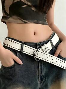 APLCSEY 1pc Women's Punk Style PU Leather Belt, Gunmetal High-End Alloy Buckle With Double-Row Rivets, Suitable For Casual Pants, Jeans And Dresses - White - View 1
