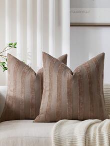 1pc Tan 3D Striped Cushion Cover (Without Pillow Insert), Modern Soft Chenille Decor Accent Pillow Case With Vintage Texture, Suitable For Home Sofa, Bedroom, Decoration, All Season Use - Tan - View 2