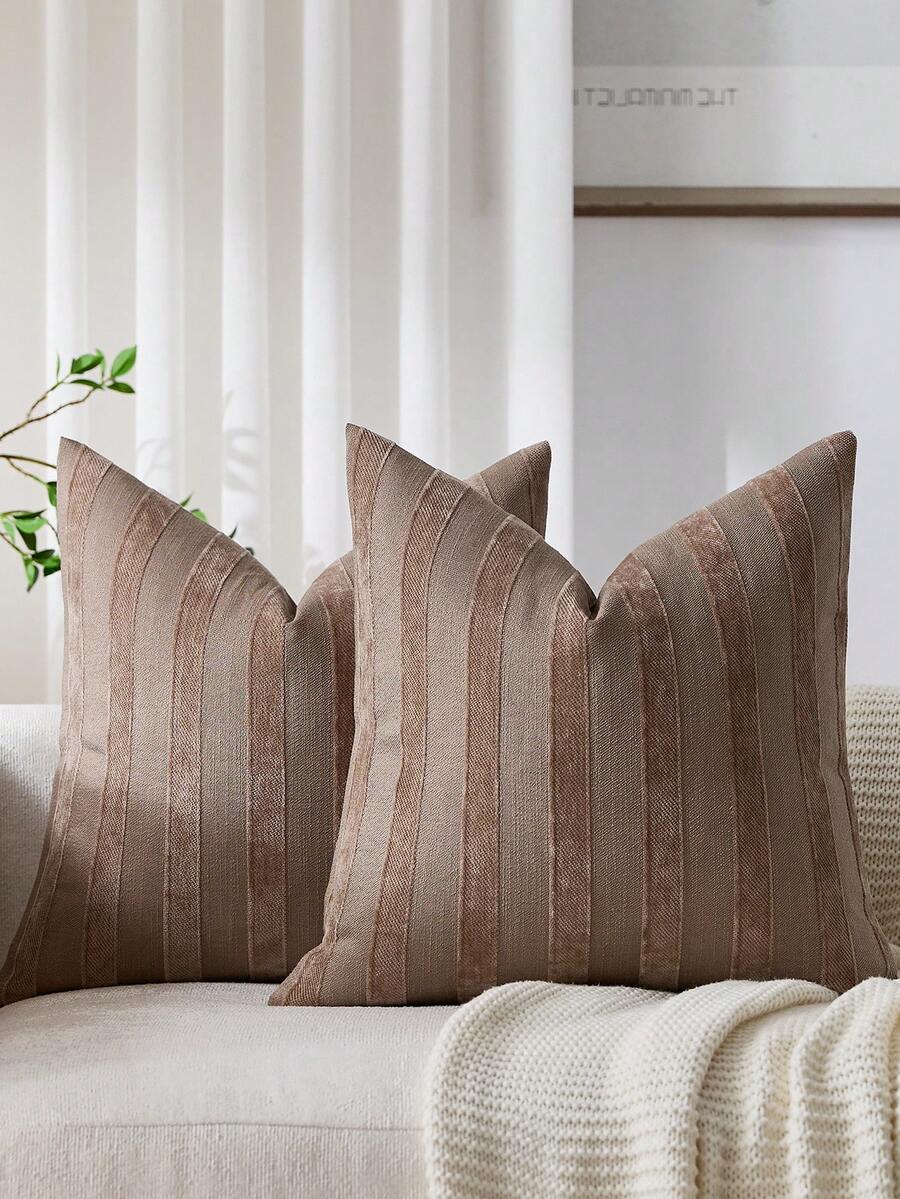1pc Tan 3D Striped Cushion Cover (Without Pillow Insert), Modern Soft Chenille Decor Accent Pillow Case With Vintage Texture, Suitable For Home Sofa, Bedroom, Decoration, All Season Use