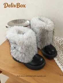 Girls' Mid-Calf Fur Boots With Large Fur Collar, Thickened Fleece Lining, Metal Buckle, Snow Boots, Thick Sole, Non-Slip, Warm Winter Shoes For Toddlers - Black - View 5