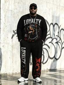 Plus Size Men's 2 Pieces Set, Fierce Dog + Letter Print Long Sleeve Graphic T-Shirt Paired With Men's Wide Leg Pants, Contrast Color Hip Hop Street Style Men's 2 Pieces Outfit, Suitable For Plus Size Body, Tall Men - Polyester Fabric, Drawstring, Pocket Design, Suitable For Daily Casual, Sports Wear - Black - View 1