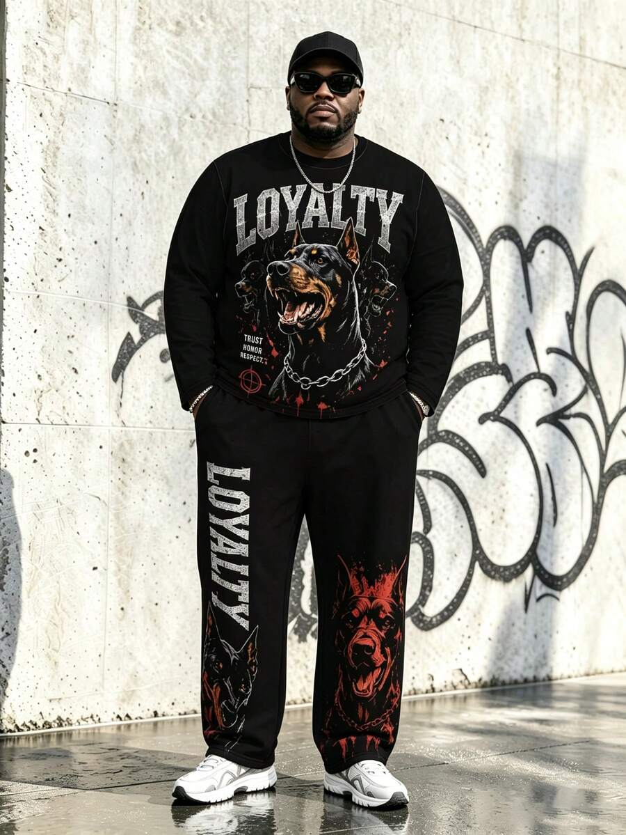 Plus Size Men's 2 Pieces Set, Fierce Dog + Letter Print Long Sleeve Graphic T-Shirt Paired With Men's Wide Leg Pants, Contrast Color Hip Hop Street Style Men's 2 Pieces Outfit, Suitable For Plus Size Body, Tall Men - Polyester Fabric, Drawstring, Pocket Design, Suitable For Daily Casual, Sports Wear - Black - View 1