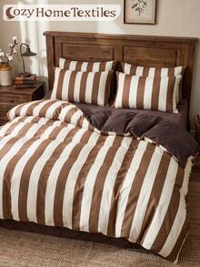 2/3pcs Brown Striped Duvet Cover Set, Bedding Set, Comfortable & Breathable, Lightweight & Anti-Pilling, Machine Washable, Room Decor, Bedroom Decor, Dorm Bedding, Suitable For All Seasons, Fits Twin/Full/Queen/King/California King Bed, Autumn Home Decor - Multicolor - View 7