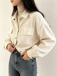 YUXIN Women's Cream Corduroy Shacket Cropped Collared Button Up Chest Pockets Oversized Long Sleeve Retro Casual Jacket For Fall Winter Layering - Apricot - View 7