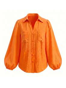 Plus Size Women's Bright Orange Blouse, Loose Fit Puff Lantern Sleeve Double Pocket Lapel Semi-Sheer Sun Protection Commuter Versatile Top - Orange - View 9