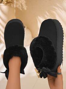 Solid Color Faux Fur Collar Bow Pearl Pendant Decor Faux Suede Platform Ankle Snow Boots Women - Black - View 1
