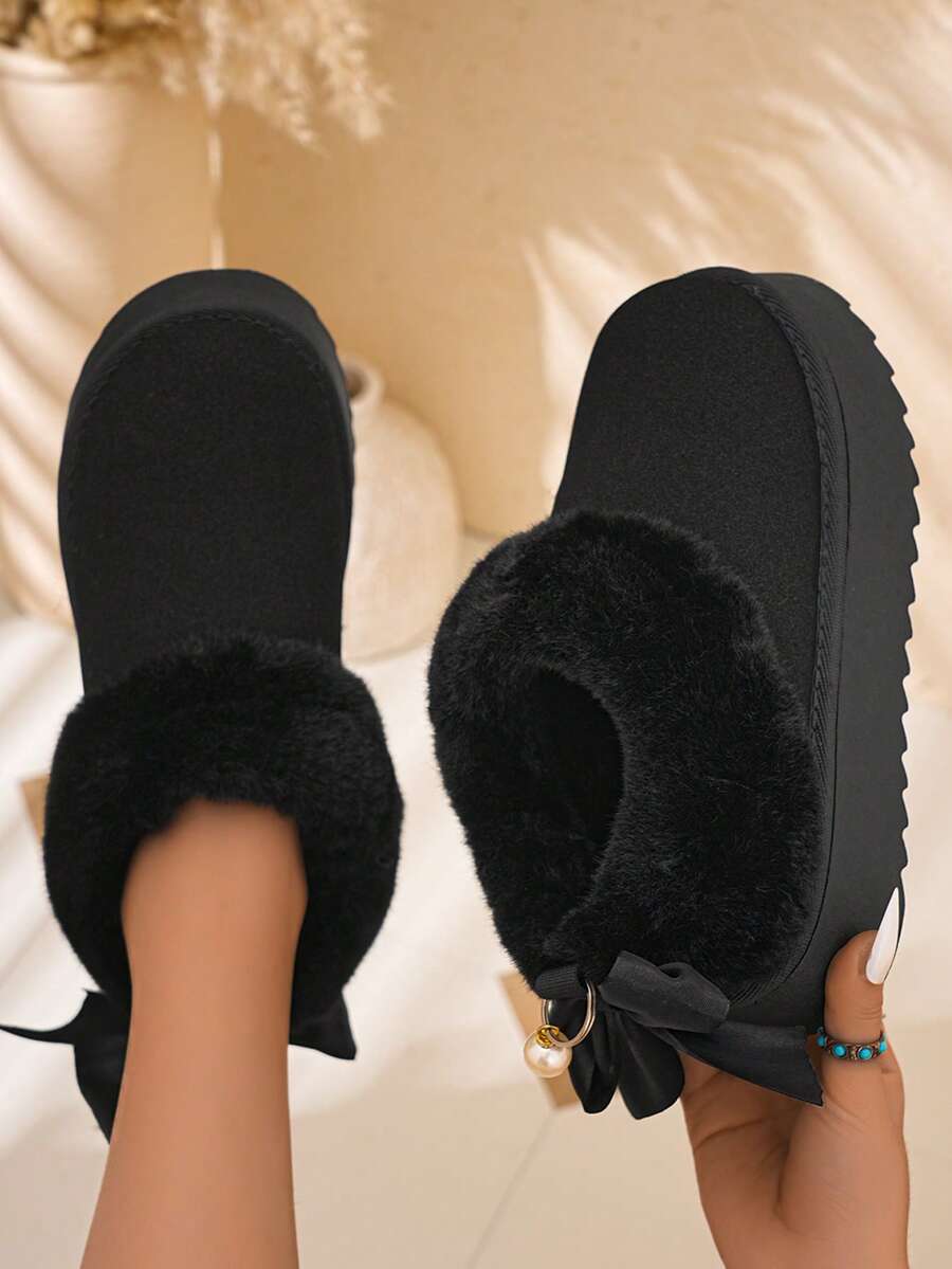 Solid Color Faux Fur Collar Bow Pearl Pendant Decor Faux Suede Platform Ankle Snow Boots Women - Black - View 1