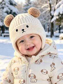 1pc Infant Ribbed Knitted Earflap Beanie , Cute Double Pom Pom Bear Ear Decor Winter Warm Toddler Hat Suitable For 1-3 Years Old Outdoor Use - Multicolor - View 8