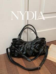 1pc Black Glossy Soft PU Large Capacity Shoulder Tote Bag, Rivet Decor Vintage Casual Handbag With Detachable Wide Strap, Suitable For Office/Travel - Black - View 10