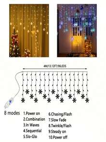 1pc Snowflake Curtain String Lights, 96-LED Snowflake Fairy Lights, 8 Lighting Modes, USB-Powered Christmas Snowflake Curtain Lights, Perfect For Christmas Decorations, Home Decor, Party Decor, Bedroom Decor, Room Decor, And Wedding Decor - Christmas Curtain Lights - View 3
