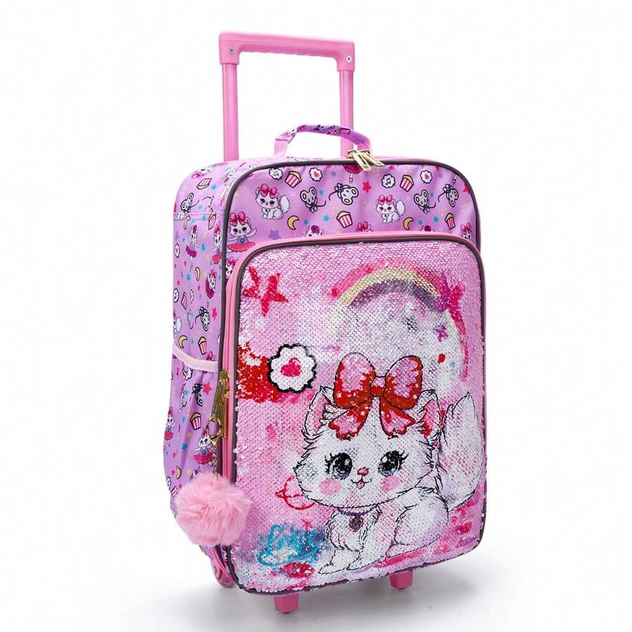 BLING BABIES Girs Wheeled Suitcase, 18 Inch Double-Sided Pink Cartoon Cat Sequins Design, Carry-On Suitcase, Nighttime Reflective.