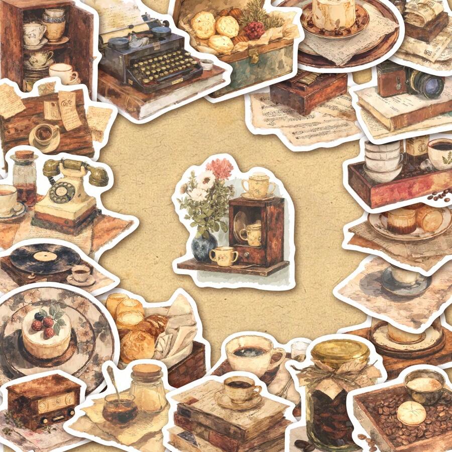 50PCS Warm‑Toned Coffee‑House Object Decorative Sticker Set For Laptops ...