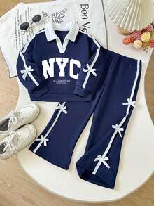 Tween Girl Letter Pattern Embroidered V-Neck Long Sleeve Sweatshirt And Pants - Royal Blue - View 2