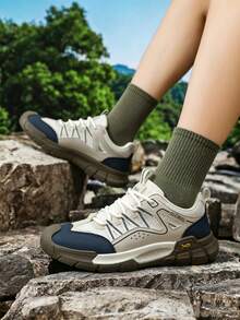 Men's Breathable Mesh Hiking Shoes, Non-Slip Wear-Resistant Rubber Sole Lace-Up Outdoor Trekking Sports Shoes - Beige - View 3