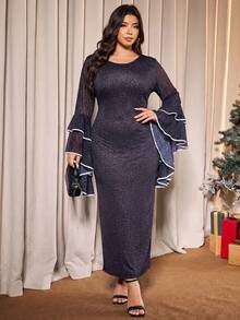 Plus Size Women's Cinched Waist Knit Leopard Print Ruffle Bell Sleeve Long Sleeve Dress - Multicolor - View 5