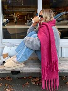 1pc Solid Color Scarf, Winter Warm Neck Protection, Thickened Wool Knitted Shawl With Chunky Tassels, Wearable - Hot Pink - View 2