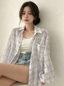 Korean Chic Summer French Casual Loose Thin Plaid Long Sleeve Shacket For Women Spring White - White - View 3