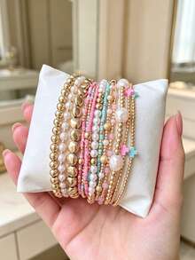 13pcs/Set Bohemian European & American Style Cross Pearl CCB Beaded Colorful Elastic Cord Stackable Women's Bracelet Set, Suitable For Daily & Holiday Jewelry Wear - Multicolor - View 2