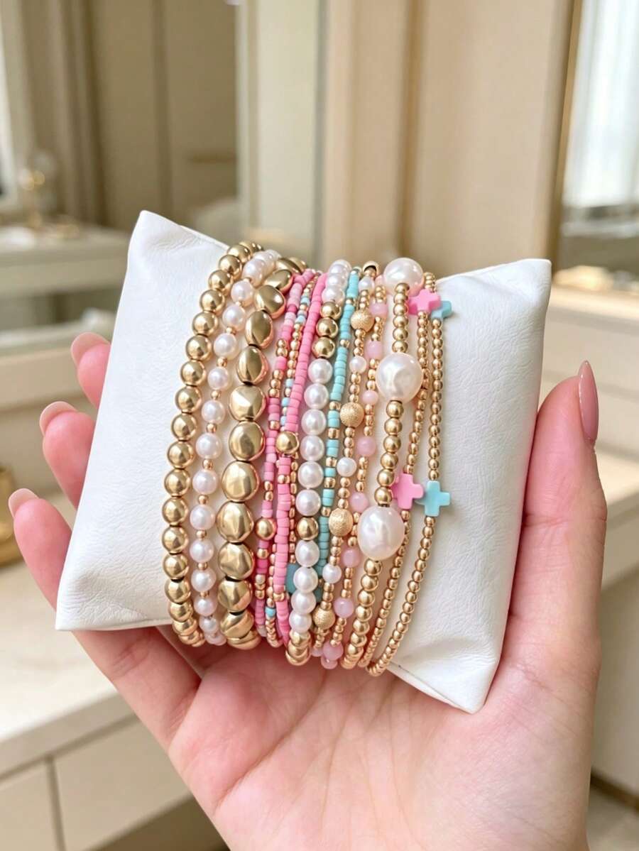 13pcs/Set Bohemian European & American Style Cross Pearl CCB Beaded Colorful Elastic Cord Stackable Women's Bracelet Set, Suitable For Daily & Holiday Jewelry Wear - Multicolor - View 1