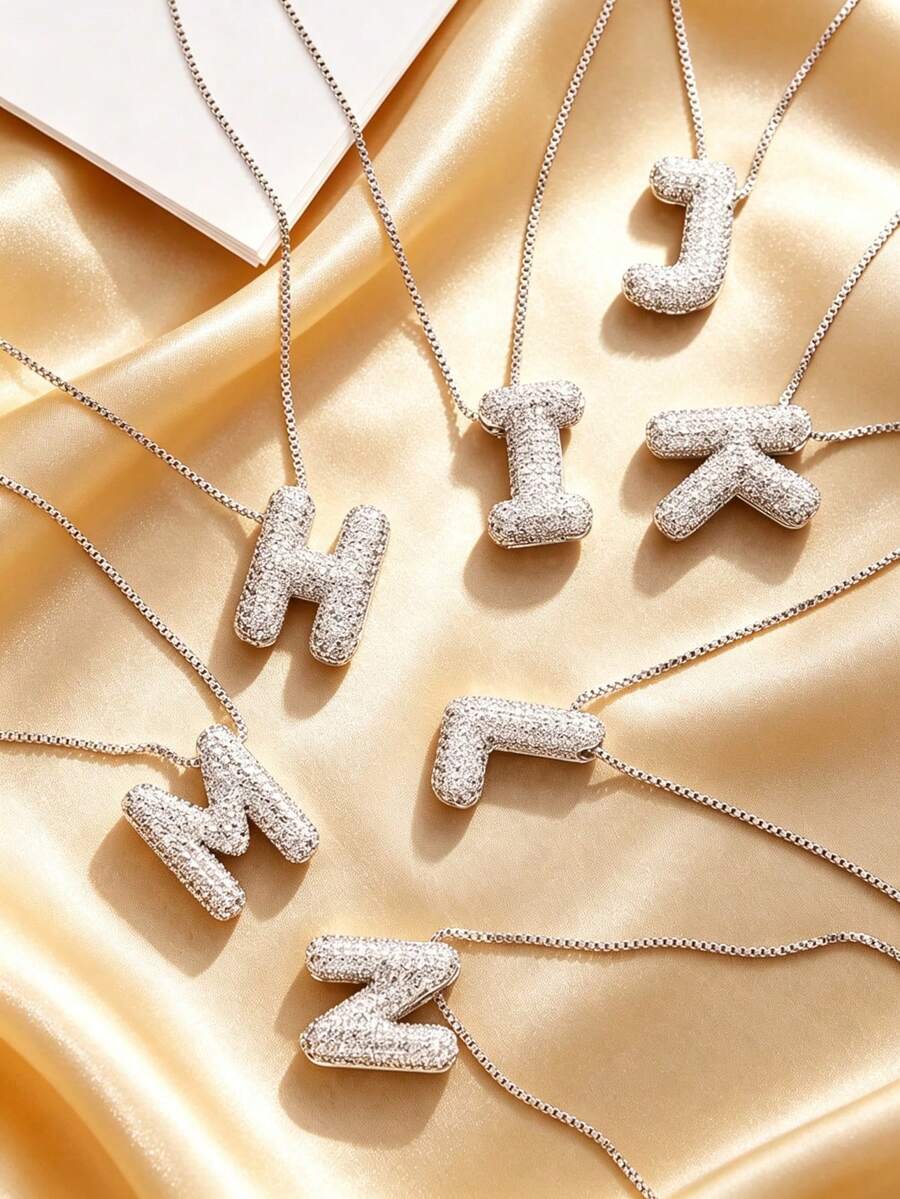MECYLIFE 1 pieza Collar con colgante de letra de burbuja con circonita cúbica curva, colgante de 26 letras - Cadena de caja de plata + letras - Ver 1