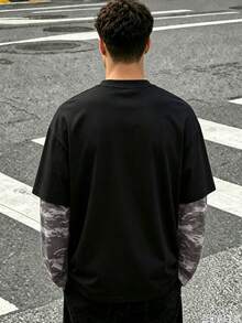 Zrgoth Men's Letter Print 2-In-1 Long Sleeve T-Shirt, Black Camouflage Patchwork Street Style Crew Neck Top - Black - View 2