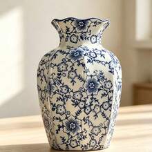 1pc Vintage Blue And White Acrylic Flat Vase, Suitable For Farmhouse, Living Room, Dining Room, Dining Table, Table, Desk, Bookshelf, Desktop, Home Decor - 1PC - View 5