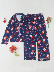 Tween Girls Cute Santa Claus & Candy Cane Print Front Button Long Sleeve Christmas Pajama Set, 2-Piece Top & Pants, Autumn/Winter Home Sleepwear Set - Navy Blue - View 4